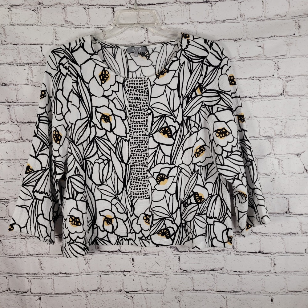 Habitat White Rayon Blend Abstract Print Scoop Neck Long Sleeve Blouse Size S